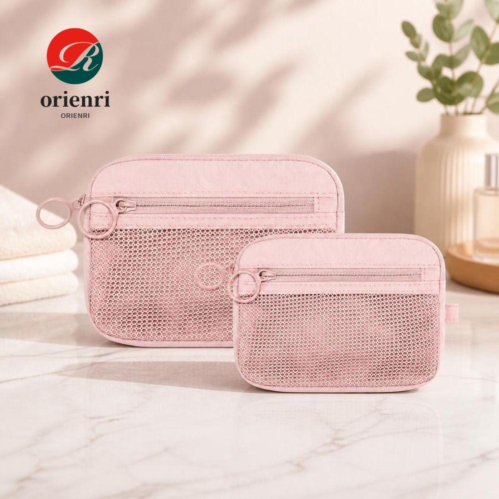 ORIENRI Travel Organizer, Nylon Double Layer Mesh Storage Pouch, Zipper Portable Pink Cosmetic Bag f