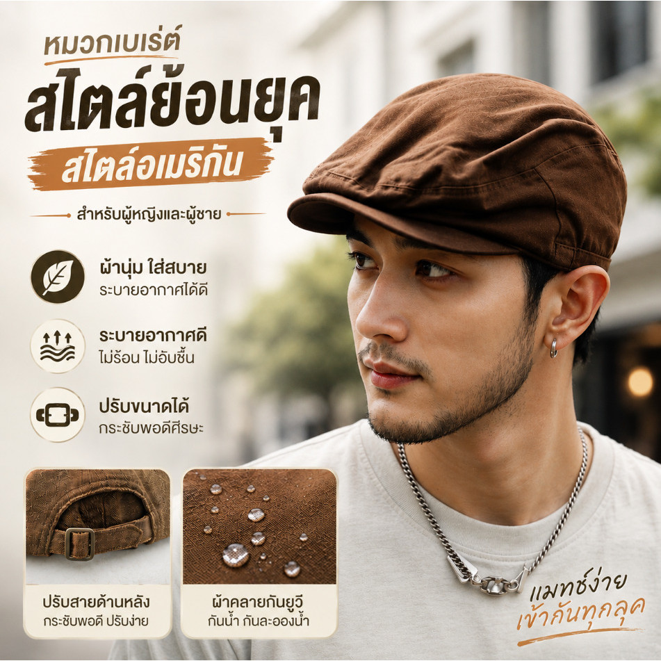 🔥HOT SALE🔥หมวกเบเร่ต์สไตล์อเมริกันวินเทจ ใส่ได้ทั้งชายและหญิง หมวกแฟชั่นทรงคลาสสิค