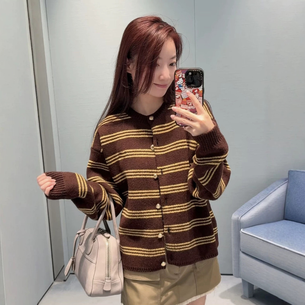 NSD5 MM * ฤดูใบไม้ร่วงต้นฤดูใบไม้ร่วงสไตล์ใหม่ตัวอักษร Micro-Lbel Stripes Contrast สีรอบคอแขนยาวถักเ