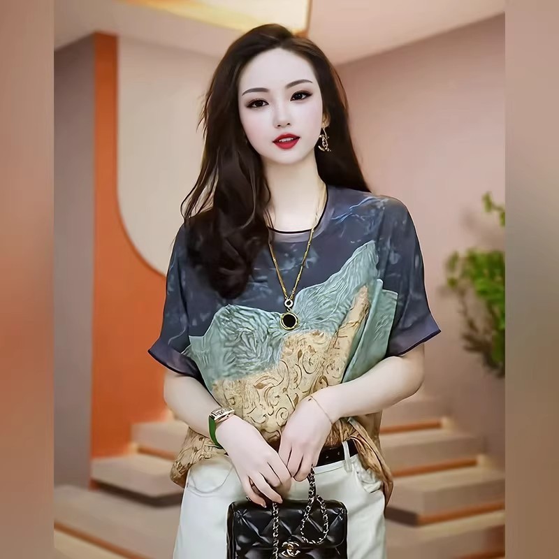 7361#抽象画印花短袖T恤女夏季新款宽松显瘦减龄遮肚子百搭上衣WJG0902