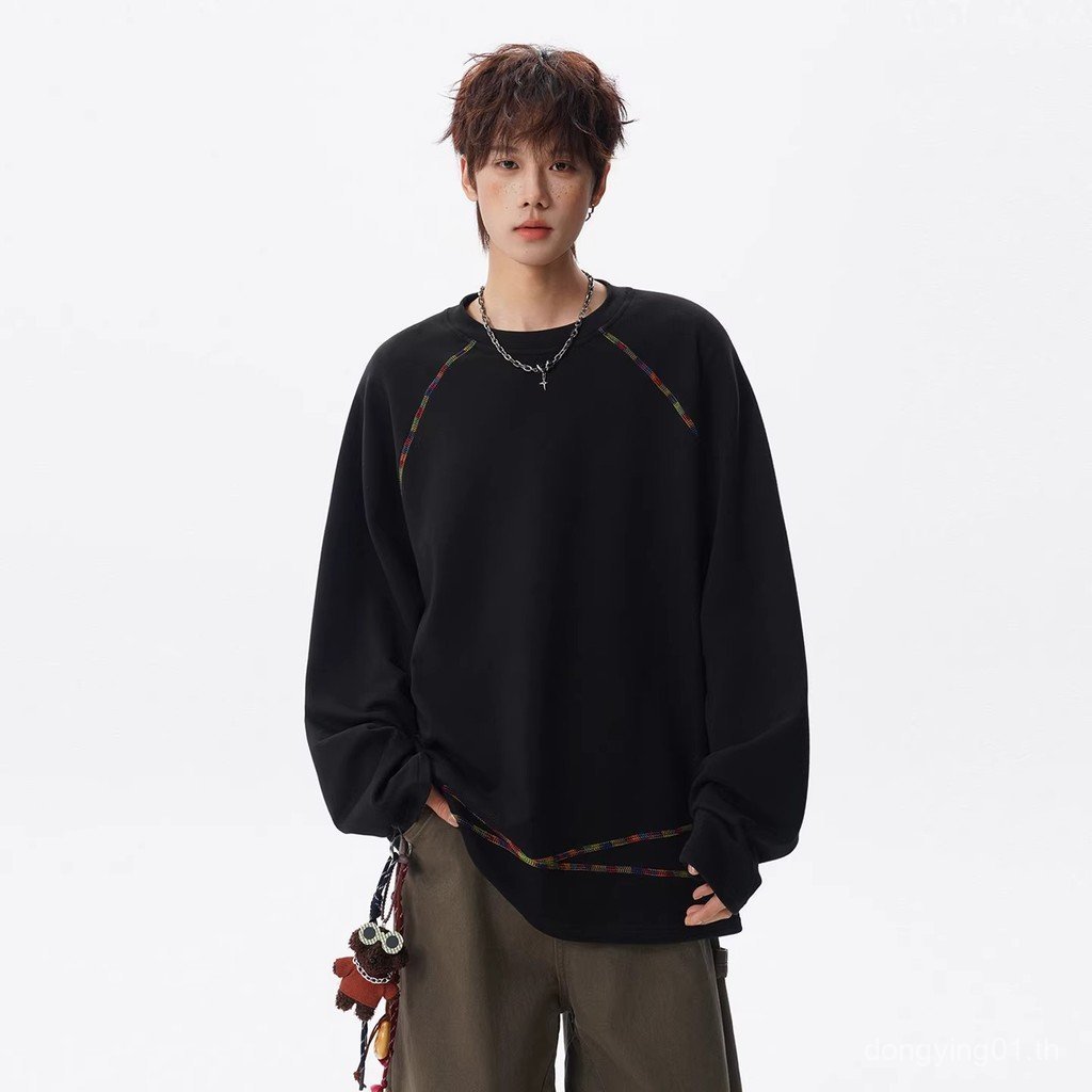 สไตล์อเมริกันความคมชัดสีเปิดสายรอบคอแขนยาวเสื้อยืดชายสไตล์ใหม่ถนนสวมระดับไฮเอนด์หลวมสบายๆ จุดต่ําสุด