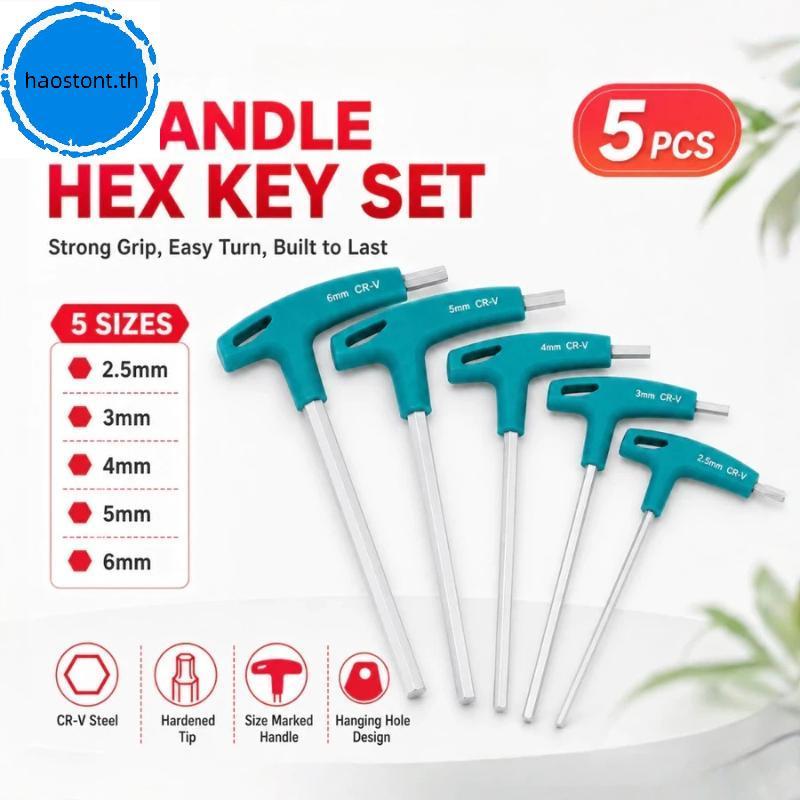 Haostont อุตสาหกรรม T-Handle Allen ประแจสกรู 5 ชิ้นชุด 2.5-6 มม.Hex Key ทนต่อการสึกหรอสําหรับซ่อมจัก