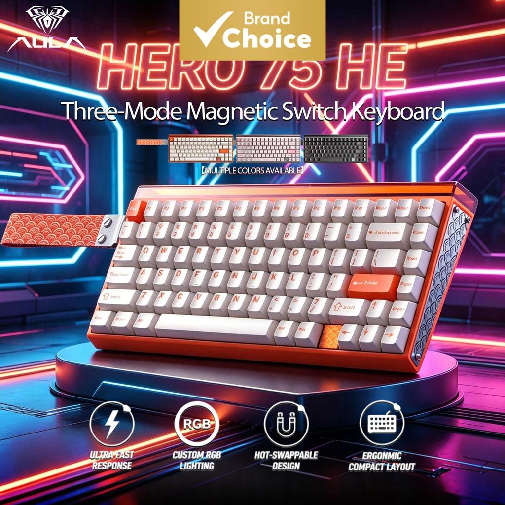 คีย์บอร์ดแมคคานิคอลสวิตช์แม่เหล็ก AULA HERO 75HE แบบสามโหมด 75% ปุ่มกด 8KHz 8000mAh ไฟ RGB แถบแสง