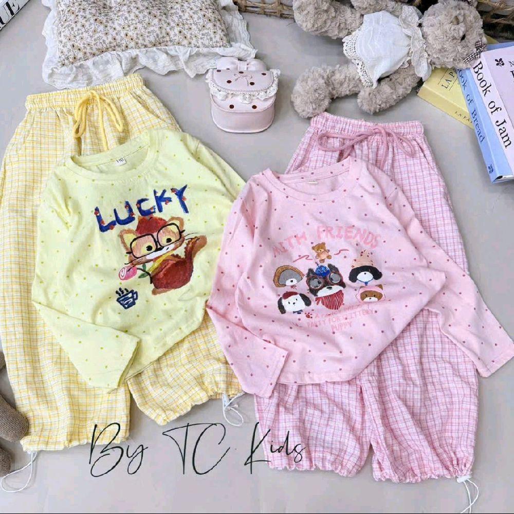 Elsakids.ชุดฤดูใบไม้ร่วง-ฤดูหนาวของเด็กผู้หญิง เสื้อยืดกระดาษ กางเกงลายทาง LUCKY X77