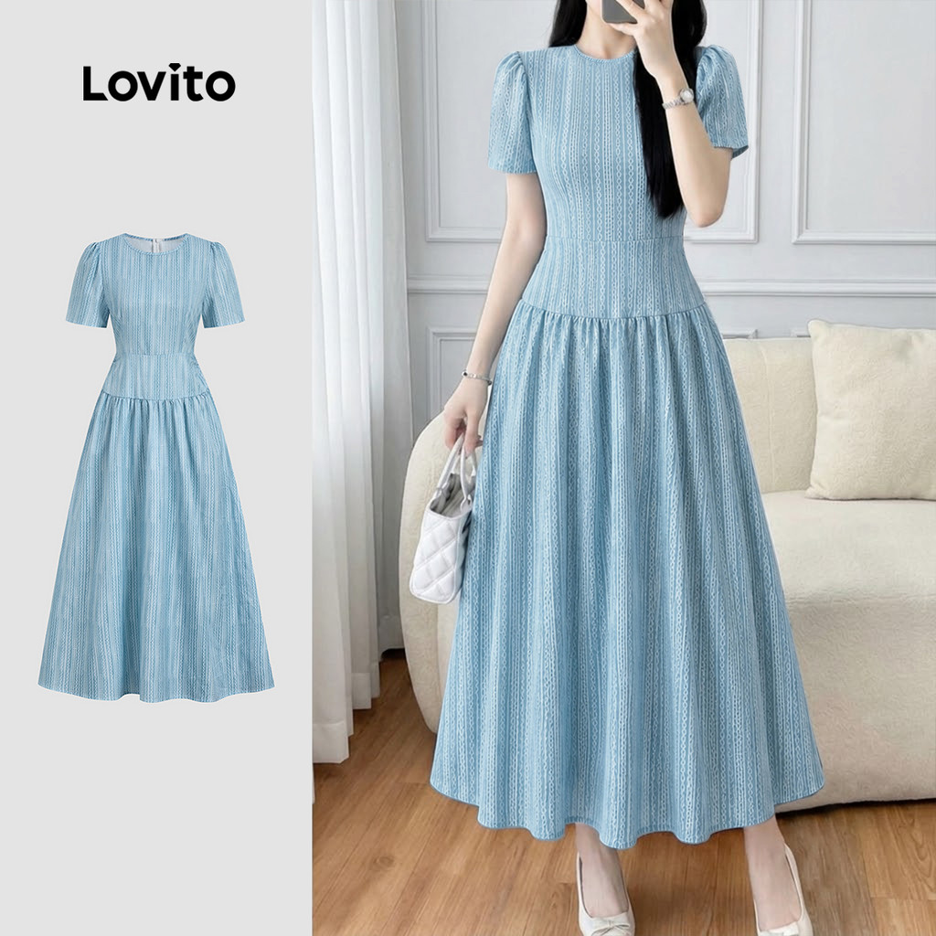 (New Arrival) Lovito ชุดกระโปรงผู้หญิงสีฟ้าเทาสไตล์เรียบหรู ดีไซน์เรียบง่าย เหมาะสําหรับฤดูใบไม้ผลิ/ฤดูร้อน L199ED050