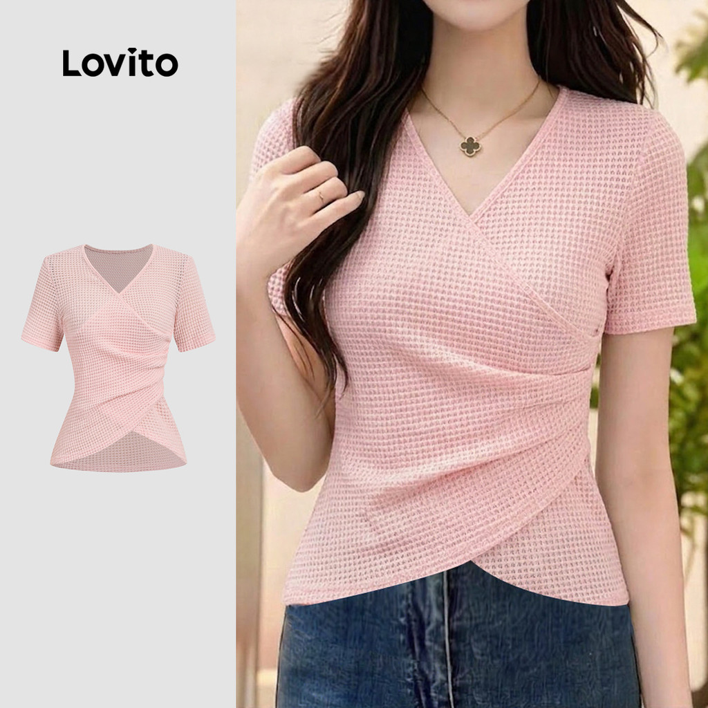 (New Arrival) Lovito เสื้อยืดสีชมพูอ่อนแบบอสมมาตรลําลองสําหรับฤดูร้อนสําหรับผู้หญิง L199ED096