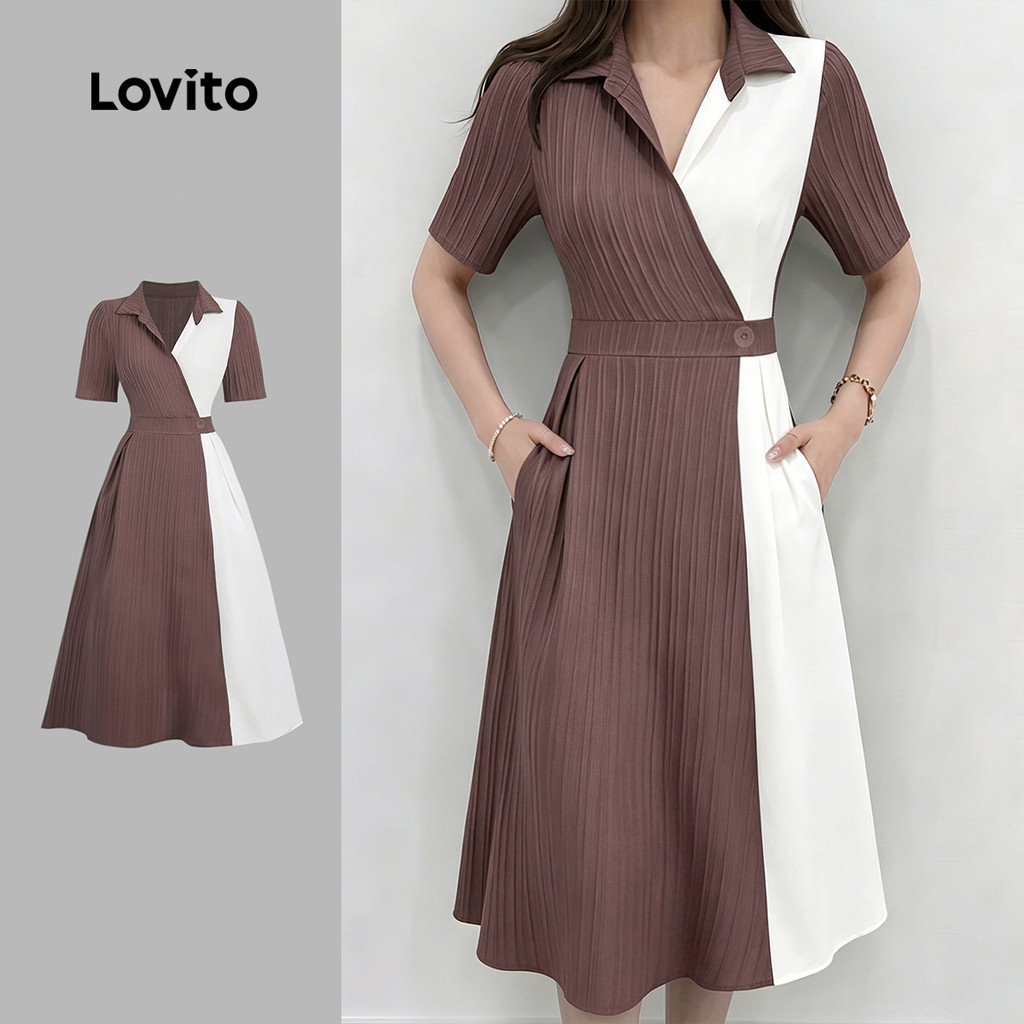 (New Arrival) Lovito ชุดเดรสลําลองผู้หญิง ลายบล็อกสี ติดกระดุม มีซิป เหมาะสําหรับฤดูใบไม้ผลิ/ฤดูร้อน