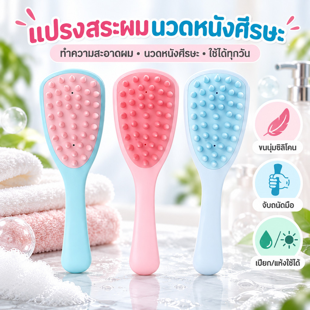 MAXIRO แปรงสระผมนวดหนังศีรษะ ซิลิโคนนุ่ม ใช้ตอนสระผม ช่วยทำความสะอาดหนังศีรษะ จับถนัดมือ พกพาง่าย ใช้ได้ทุกวัน