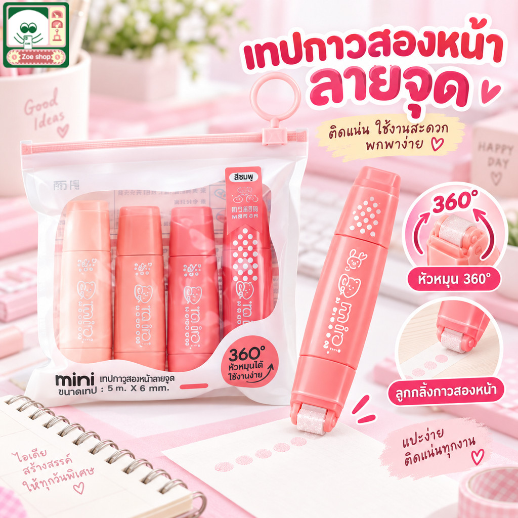 4 ชิ้น เทปกาว 2 หน้า แบบลาก 360องศา น่ารัก กาว ลูกกลิ้งกาว ตกแต่งสมุดภาพ สํานักงาน กาวนาโน DIY สำนักงาน ตกแต่ง