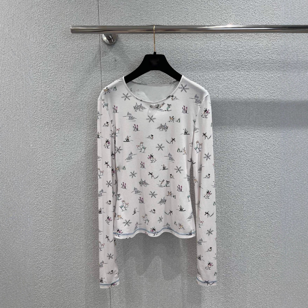 SO2S Ch-a * ฤดูใบไม้ร่วงฤดูหนาวสไตล์ใหม่ชุดสกีพิมพ์รอบคอ Slim-fit Top Bottoming เสื้อผู้หญิง