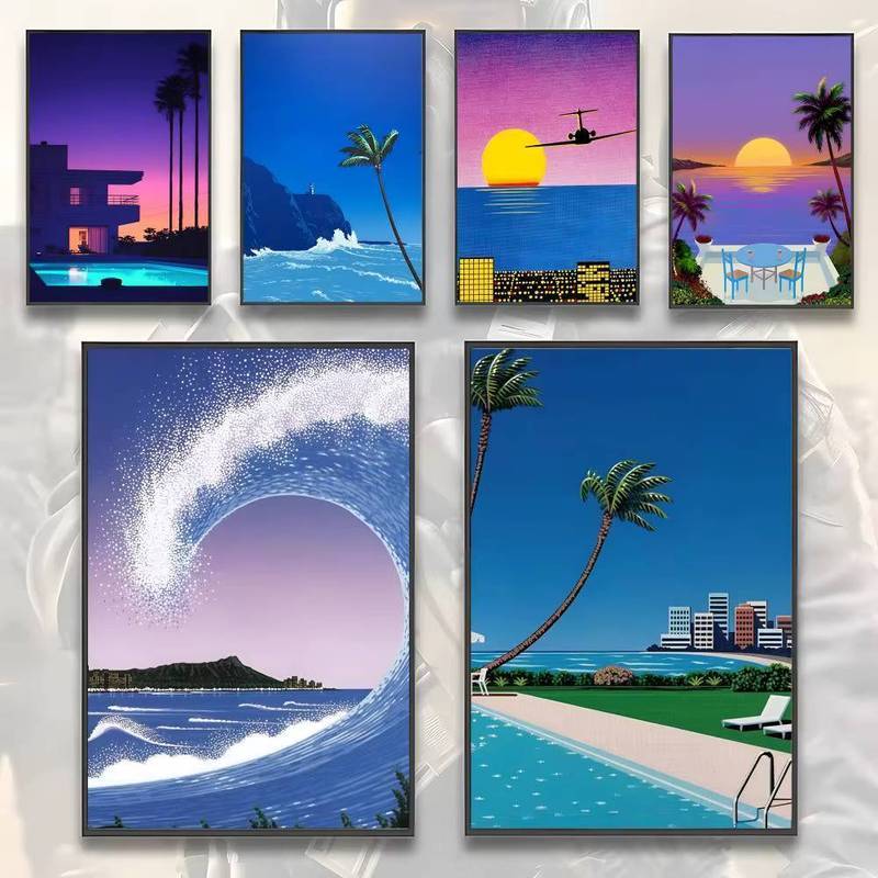 Hiroshi Nagai Vaporwave Japan Beach Painting Calligraphy HD Canvas Poster living room bedroom bar ae