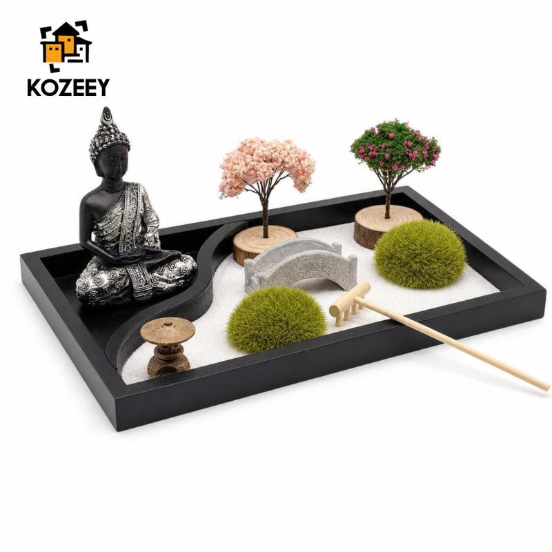 KOZEEY เดสก์ท็อปตั้งโต๊ะ Zen Garden Calming Zen Garden พร้อมพระพุทธรูปตกแต่งพรีเมี่ยมสําหรับโต๊ะ