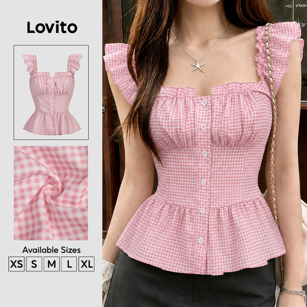 Lovito เสื้อท็อปผู้หญิงลายตาราง สีชมพู ผูกเชือก สไตล์แคชชวล สําหรับฤดูใบไม้ผลิ/ฤดูร้อน TKK8P2D1008