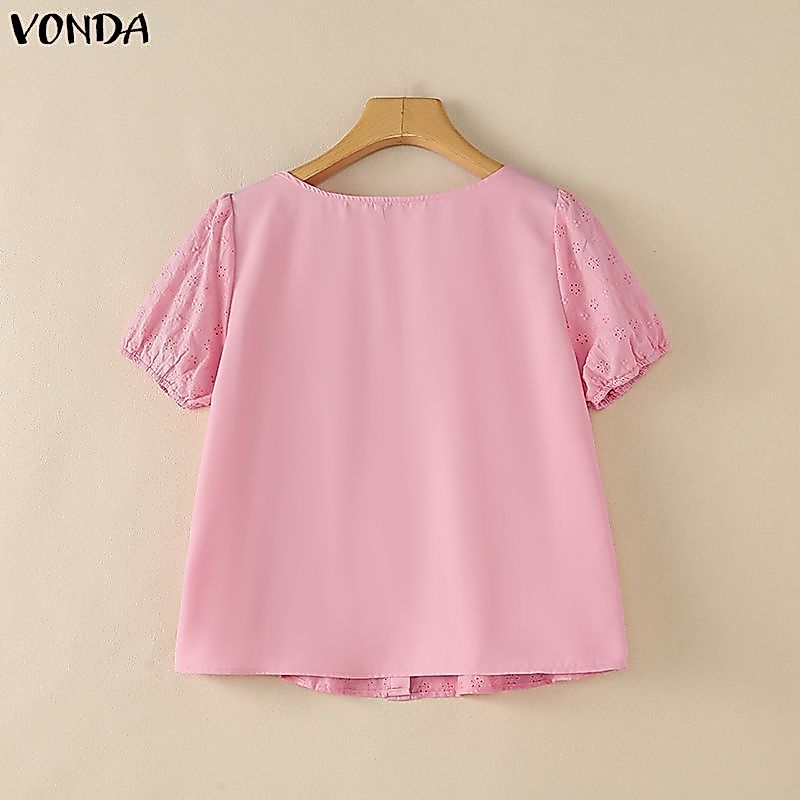VONDA ผู้หญิงเกาหลีหวานรีสอร์ทสไตล์สแควร์คอพัฟแขน Single-Breasted Hollow Lace Ruffles Hem เสื้อ — صورة 8