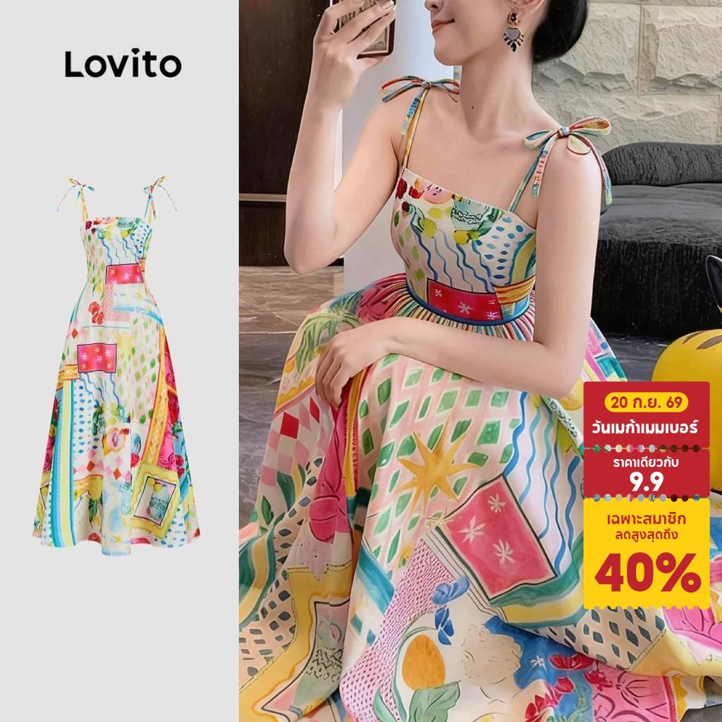 Lovito แพทเทิร์นชุดเดรสวันหยุด ผูกด้านหน้า สําหรับฤดูใบไม้ผลิ/ฤดูร้อน สําหรับผู้หญิง L171ED467