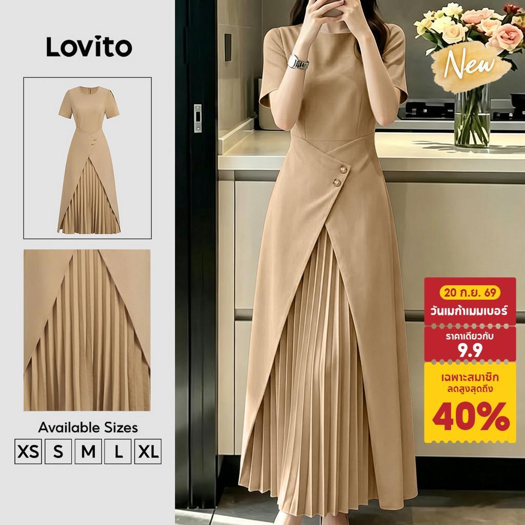 (New Arrival) Lovito ชุดเดรสพลีตสไตล์ สง่างาม สีคาคี สําหรับผู้หญิง เหมาะสําหรับฤดูใบไม้ผลิและฤดูร้อน DRB202P2D582