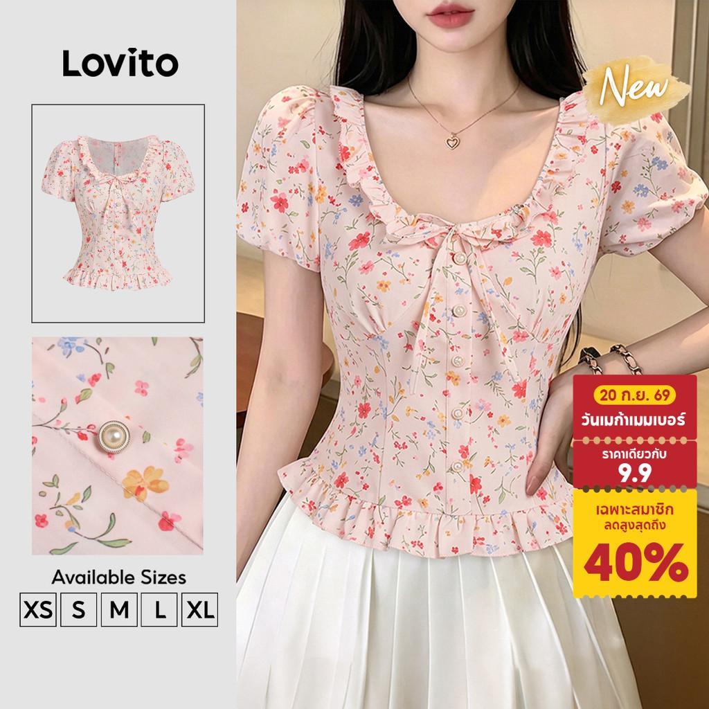 (New Arrival) Lovito เสื้อเชิ้ตผู้หญิงสีชมพูสไตล์ลําลอง ชายระบายผูกด้านหน้า สําหรับฤดูใบไม้ผลิและฤดูร้อน BLB203TD074