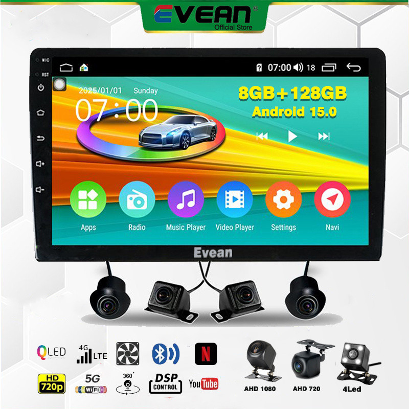 [8+128G Android 15 ]Evean TS10 360 Panorama Car Android Player Octa Core 2din Head Unit 7"/9"/10.1" นิ้ว Wireless CarPlay &Android Auto Wifi GPS