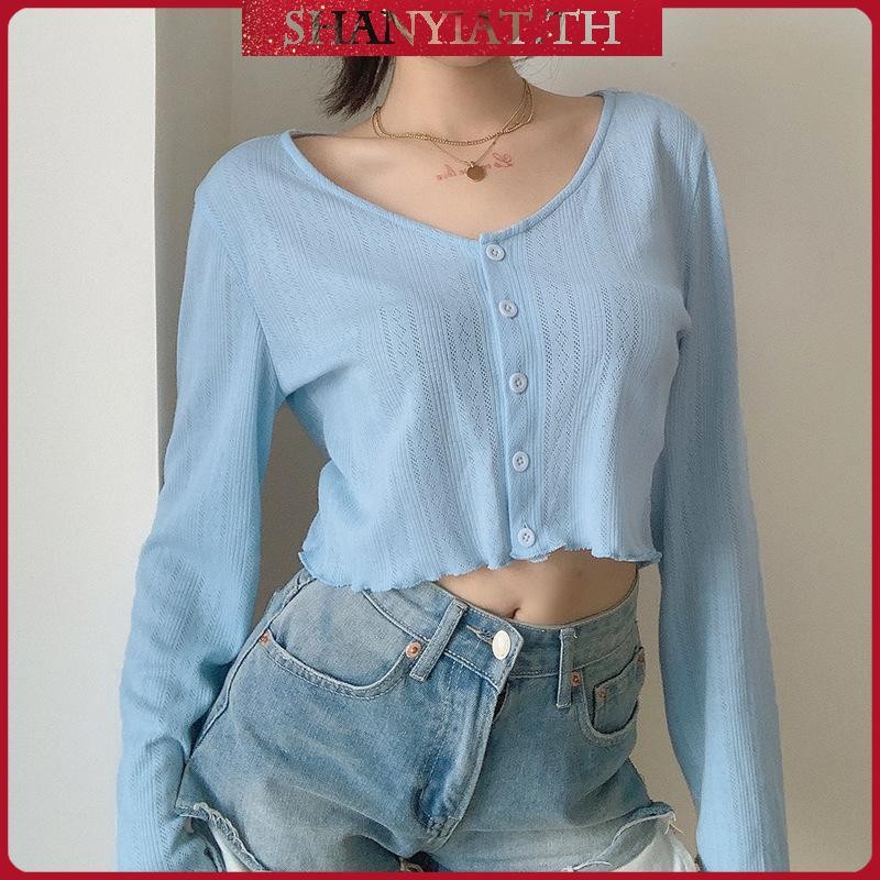 Sweeticme  เสื้อคาร์ดิแกนแขนยาวคอวีแฟชั่นสตรี