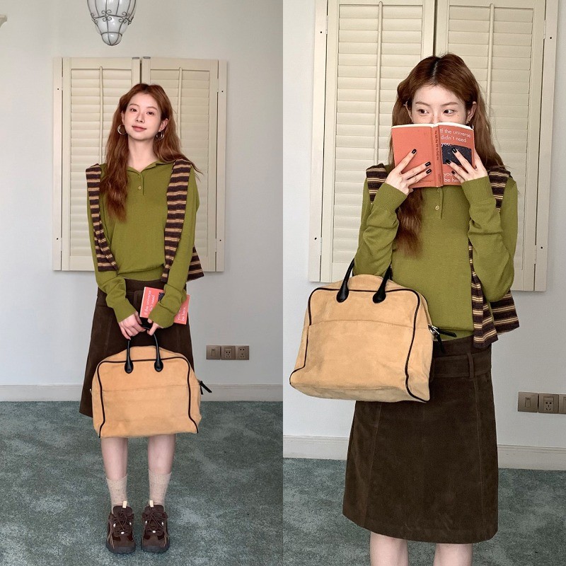 เสื้อโปโลแขนยาวสเวตเตอร์ถักสีเขียวสำหรับฤดูใบไม้ร่วงและฤดูหนาว