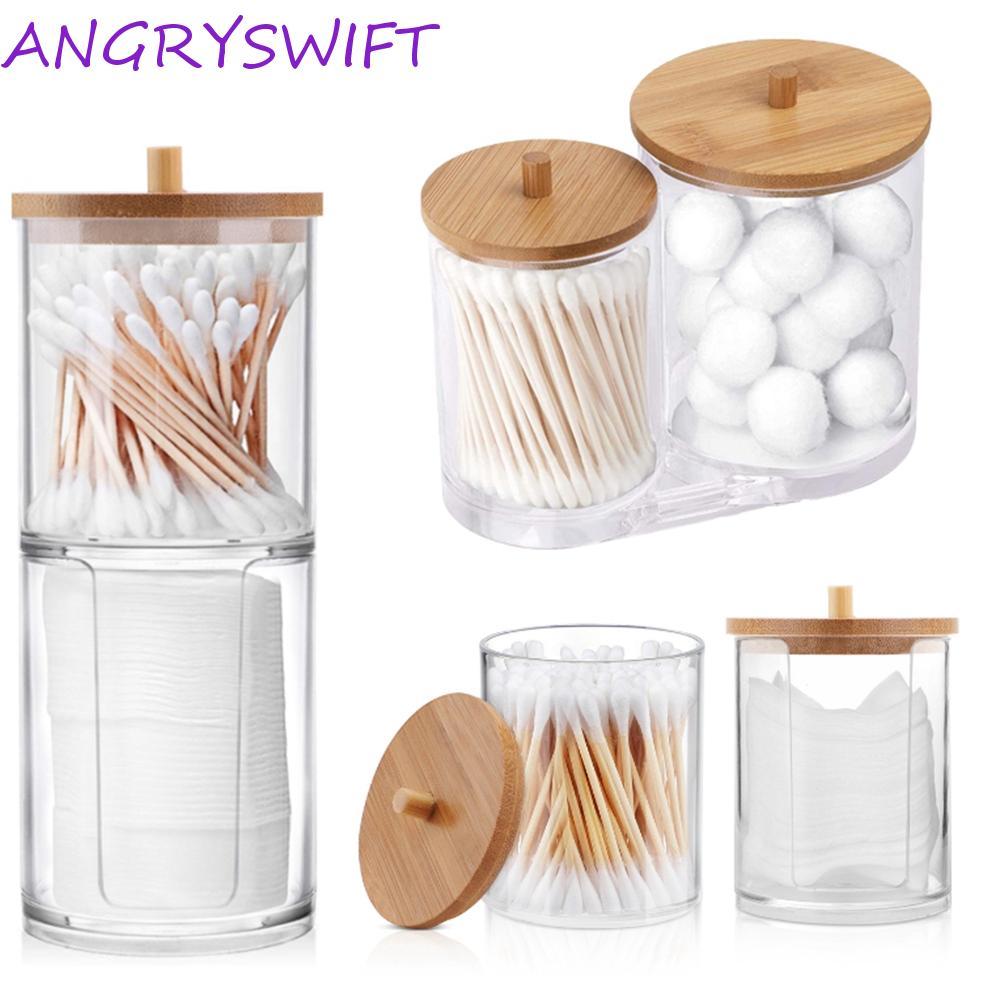 ANGRYSWIFT Qtips ผู้ถือแต่งหน้าเครื่องสําอางพร้อมฝาปิดไม้ไผ่เครื่องประดับสําหรับอุปกรณ์ห้องน้ําคอนเท