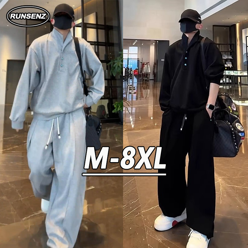 ชุดฤดูใบไม้ร่วงและฤดูหนาวสำหรับผู้ชายแบบพลัสไซซ์ เสื้อแขนยาวพร้อมกางเกง