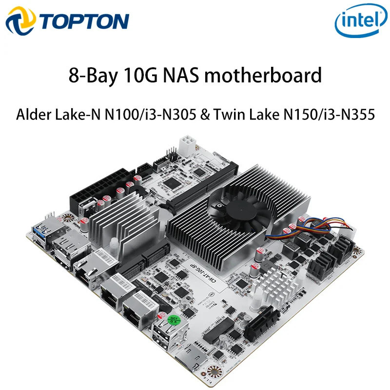 8-Bay 10G NAS เมนบอร์ด Intel i3-N355 N305 N150 1*10G 2*2.5G LANs 2*NVMe 2*SFF-8643 ถึง 8*SATA PCIex1
