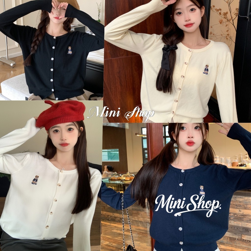 Mini shop🌸พร้อมส่ง🌸เสื้อคลุมไหมพรมแขนยาวน่ารัก คอกลม ปักลายหมี ใส่สบาย สีทึบ(Y-2812)