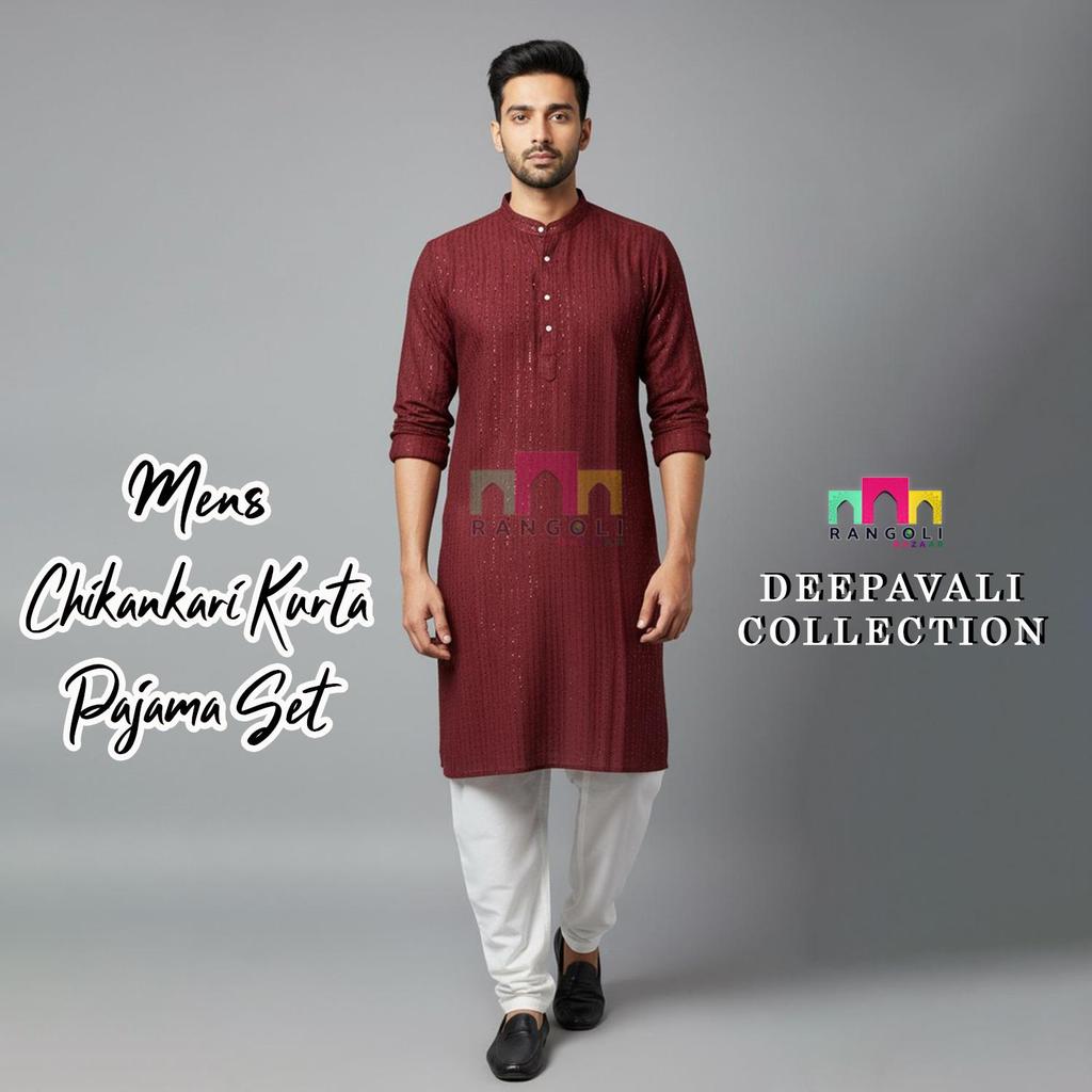 ผู้ชายชุดนอน Chikankari Kurta ครบชุด – Deepavali Collection By Rangoli Bazaar