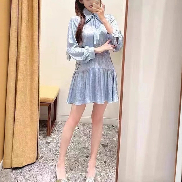 S9BK sandro Autumn Blue Hot Full Diamond Bow Tie Shirt Collar Dress