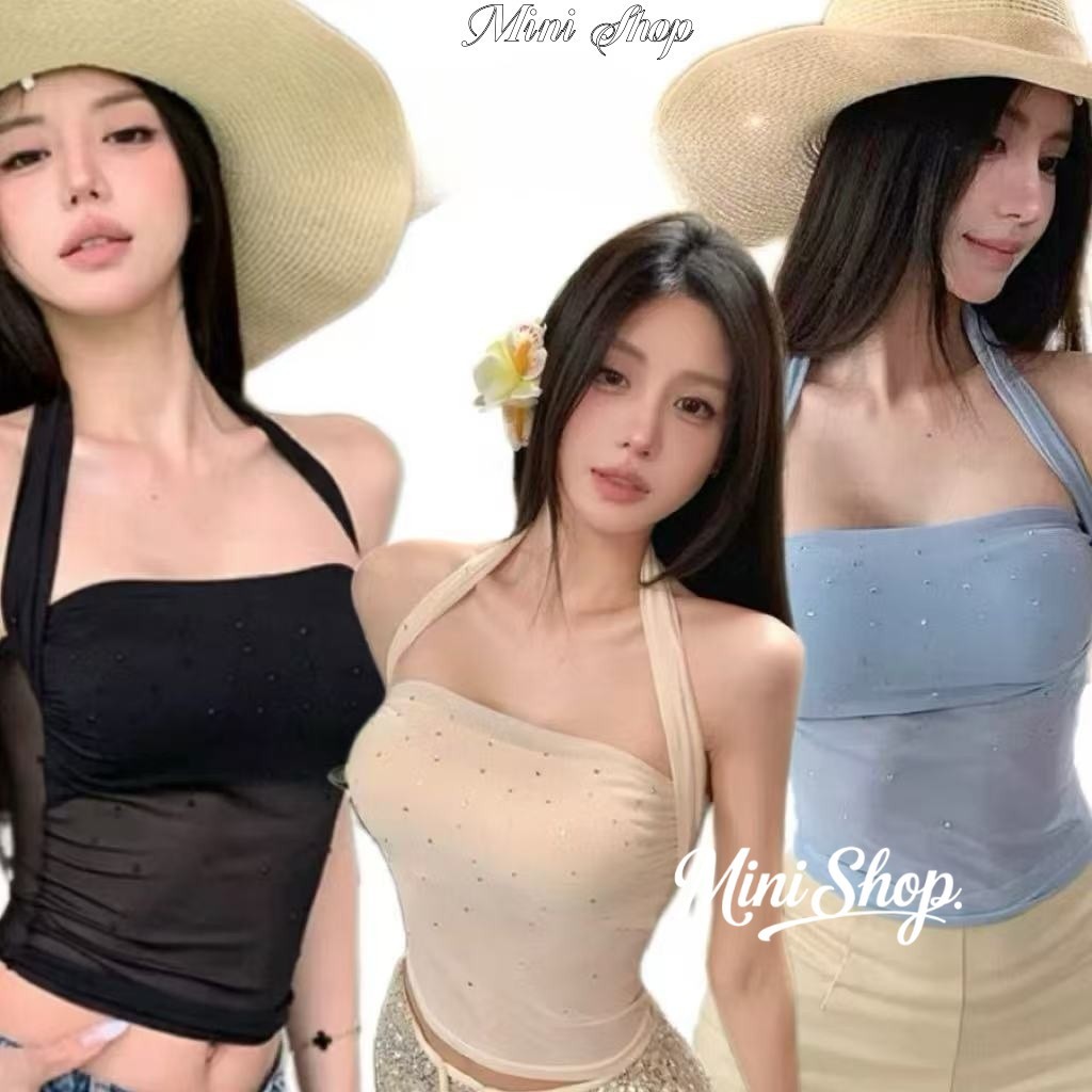 Mini shop🌸พร้อมส่ง🌸(FY9358) เสื้อกล้ามคอกว้าง ฟองน้ำในตัว กากเพชรหน้าอก ผ้าซีทรูสุดฮอต แขนกุดู ทรงท่อ เซ็กซี่สุดๆ
