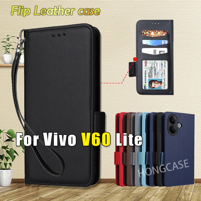 เคสโทรศัพท์สําหรับVivo V60 V60Lite V60E Lite E 4G 5Gพลิกปลอกลิ้นจี่รูปแบบหนังสล็อตวงเล็บปกหลัง