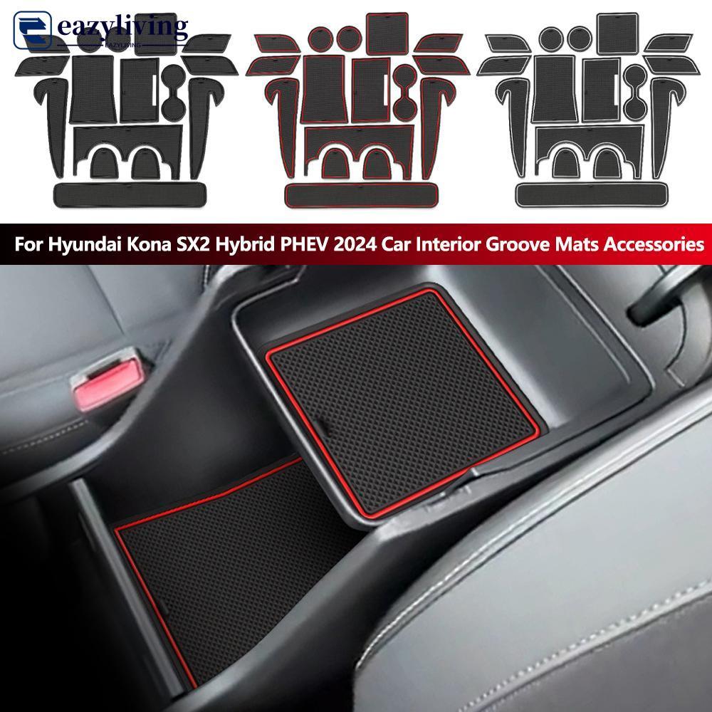 EAZYLIVING 16PCS รถ Anti-Slip ประตูสล็อต Pad ถ้วย Groove สําหรับ Hyundai Kona SX2 Hybrid PHEV 2024 ภ