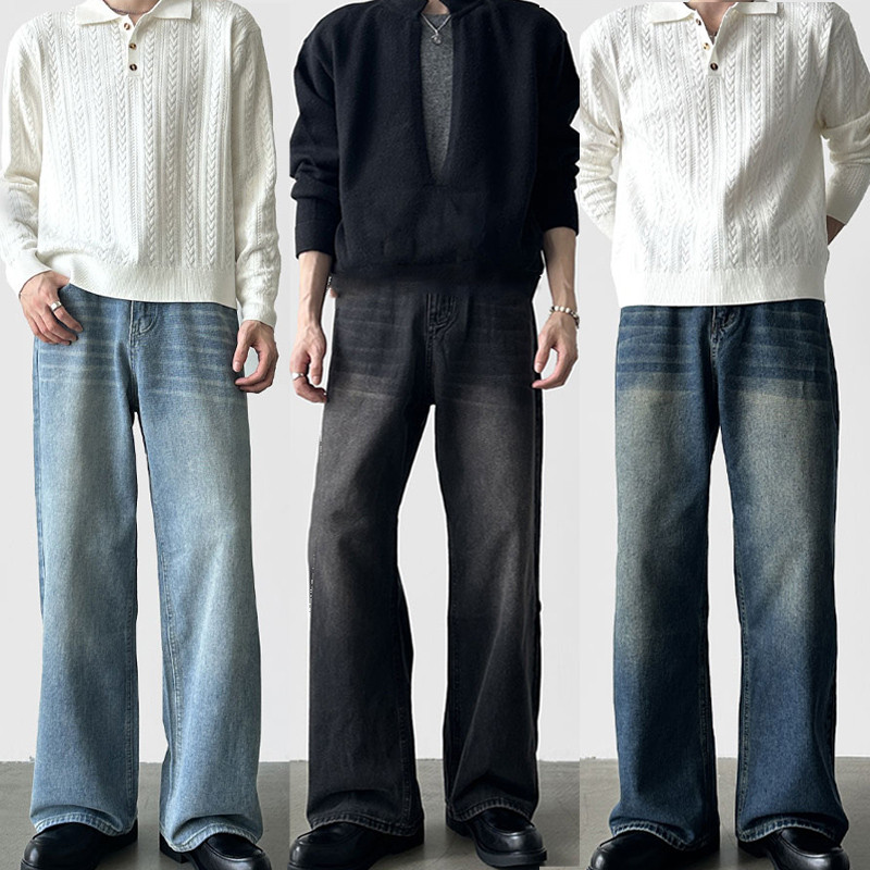 Jaey 6 สี M-5XL แฟชั่นกางเกงยีนส์ผู้ชาย ขากระบอกใหญ่ สีฟ้าย้อนยุค สีฟ้าอ่อน