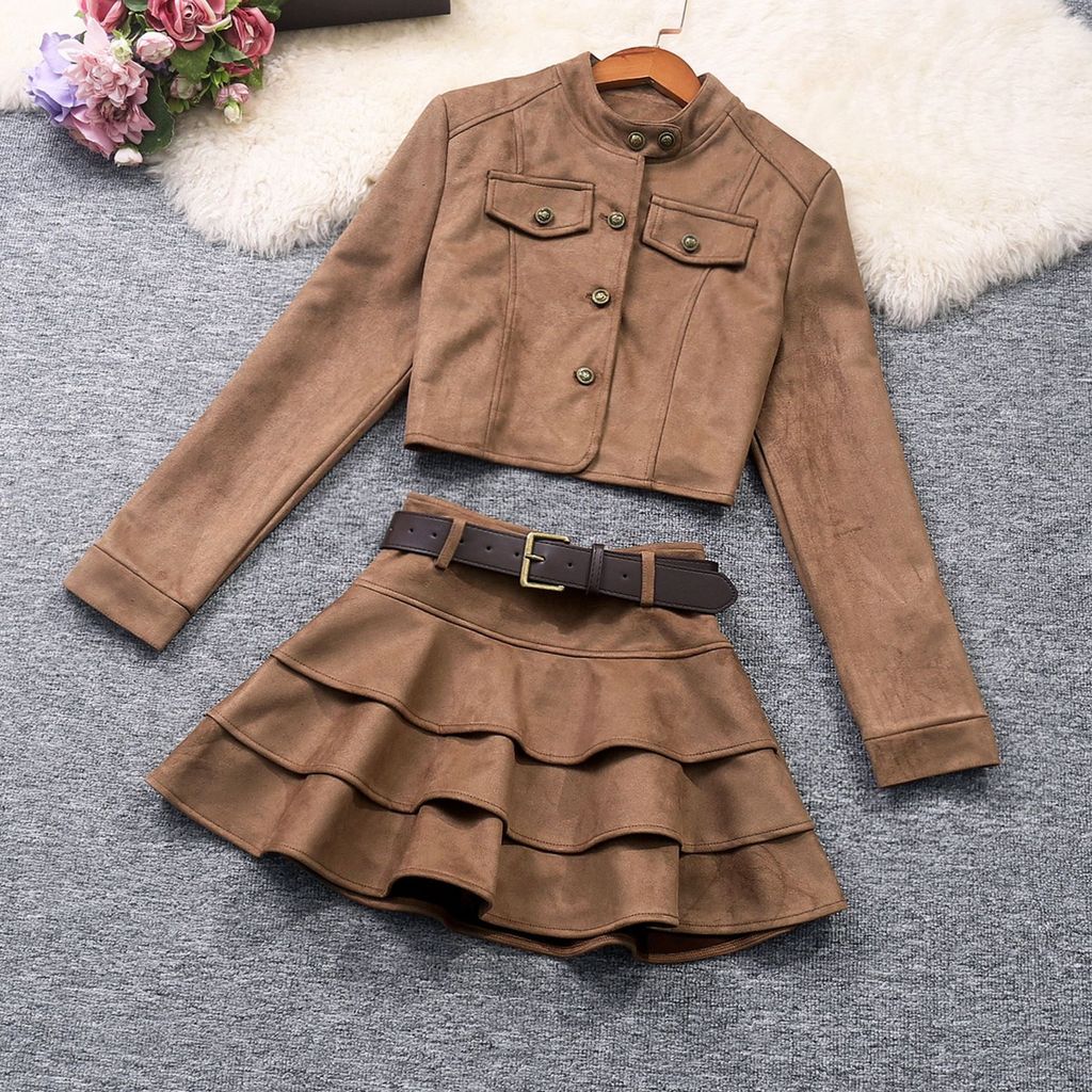 ฤดูใบไม้ร่วงผู้หญิง Retro Faux Deerskin กํามะหยี่ Stand-Up Collar แจ็คเก็ตรัดตัวเค้กกระโปรงสั้นแฟชั่