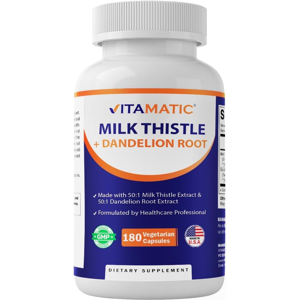 Vitamatic Milk Thistle 50:1 Extract 500mg, Dandelion Root 50:1 Extract 100mg, 180 แคปซูลมังสวิรัติ, 