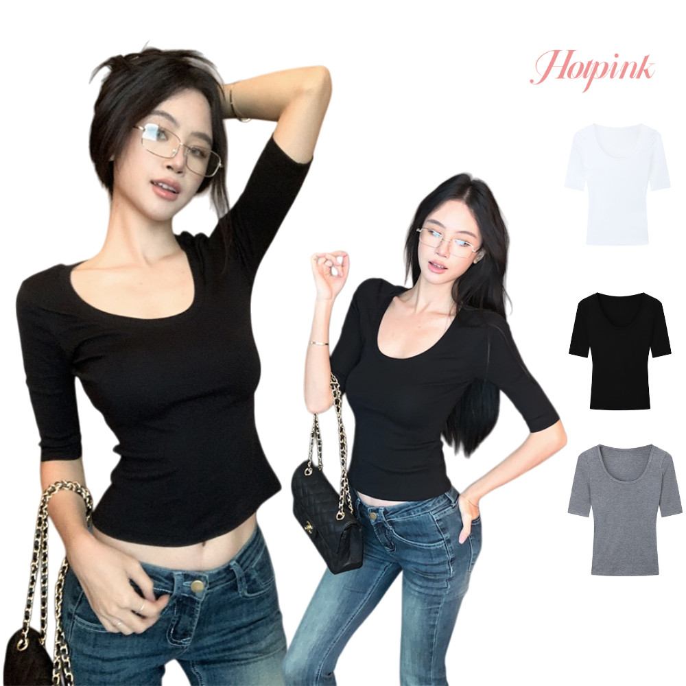 Hotpink ส่งจาก Bangkok🔥เสื้อยืดคอยูแขนสั้นสไตล์เกาหลี ทรงแขนกลาง เอวเข้ารูป และเสื้อยืดสีพื้น