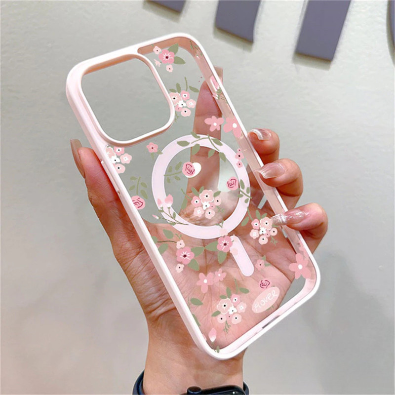 INS สีชมพูฤดูใบไม้ผลิดอกไม้แม่เหล็กเคสโทรศัพท์สําหรับ iPhone 17 16 15 14 13 12 11 Pro Max 14 15 Plus 17 AIR 16E Matte โปร่งใสแม่เหล็กกันกระแทกป้องกันปกหลัง