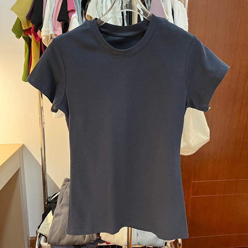 เสื้อยืดแขนสั้น ไหล่หน้า ทรงสลิมฟิต สำหรับผู้หญิง ทำจากผ้าฝ้าย สีพื้น คอกลมเล็ก เหมาะสำหรับฤดูร้อน เสื้อชั้นฐาน เสื้อท็อ