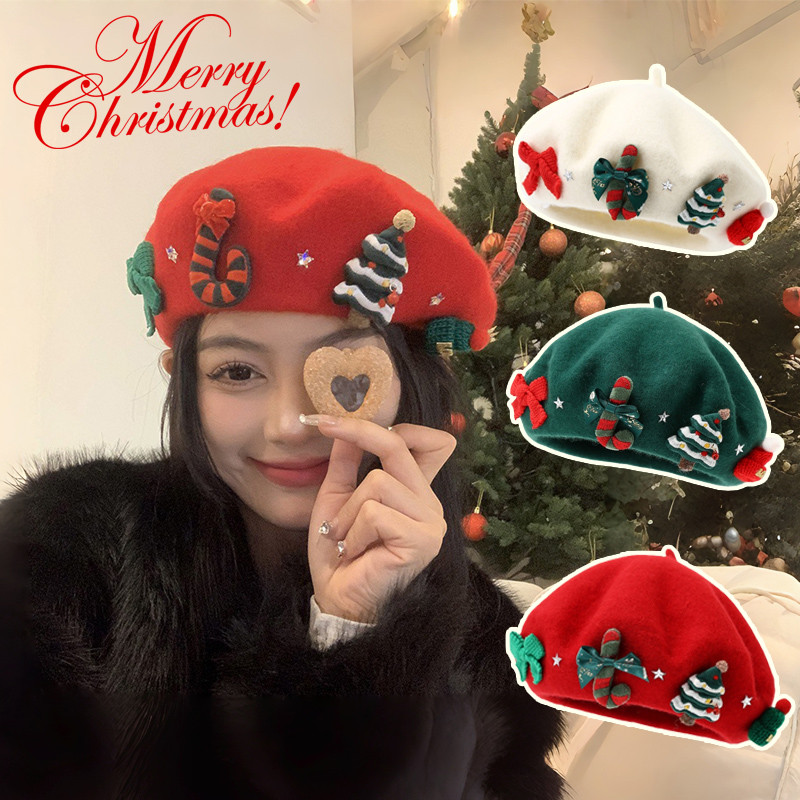 หมวก คริสต์มาส หมวกเบเร่ หมวกเบเร่ต์คริสต์มาส ผ้าวูล ตกแต่งสไตล์คริสต์มาส แนวเกาหลี