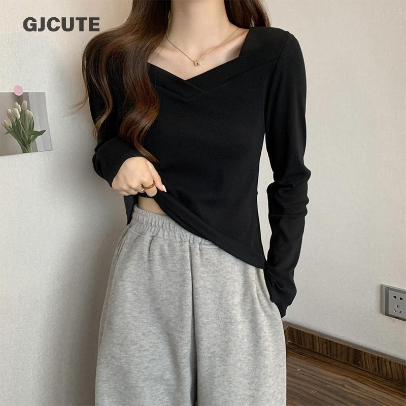 GJCUTE แฟชั่นลําลอง V คอแขนยาว Slim เสื้อยืดสีดําและสีขาว Mourning Top สําหรับผู้หญิง WTD