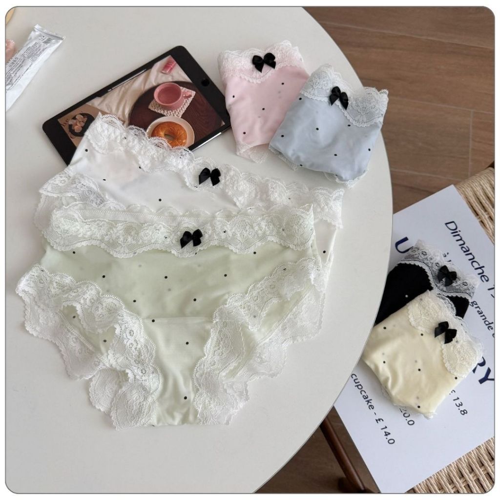 💥Angle Bra💥 (N1063) 💕 กางเกงในผู้หญิงลายจุด ขอบลูกไม้หวาน เป้าฝ้ายสองชั้น ระบายอากาศดี - รูปที่ 5