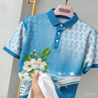 เสื้อโปโลพิมพ์ลายดอกไม้สีฟ้าสําหรับผู้หญิงที่สวยงามและง่ายต่อการสวมใส่ของขวัญวันแม่สีฟ้าดอกไม้พิมพ์คอลเลกชัน