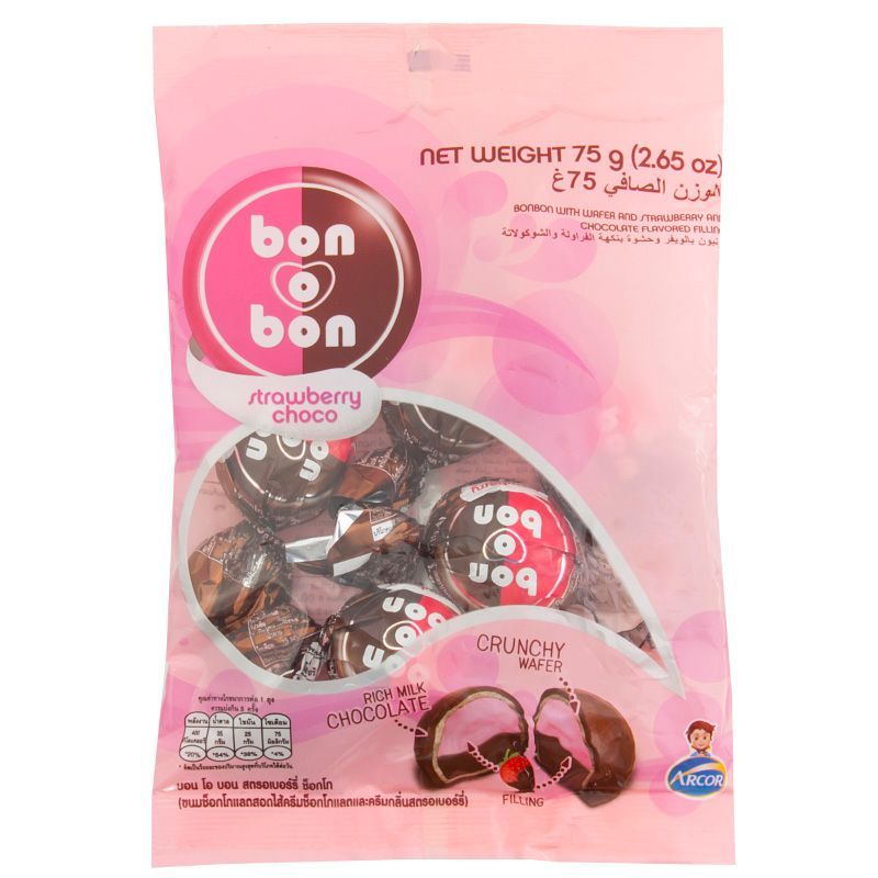 บอนโอบอนขนมช็อกโกแลตสอดไส้ครีมช็อกโกแลตและครีมกลิ่นสตรอเบอร์รี่ 75ก Bon O Bon Strawberry Chocolate 75g [7500443004748 ]
