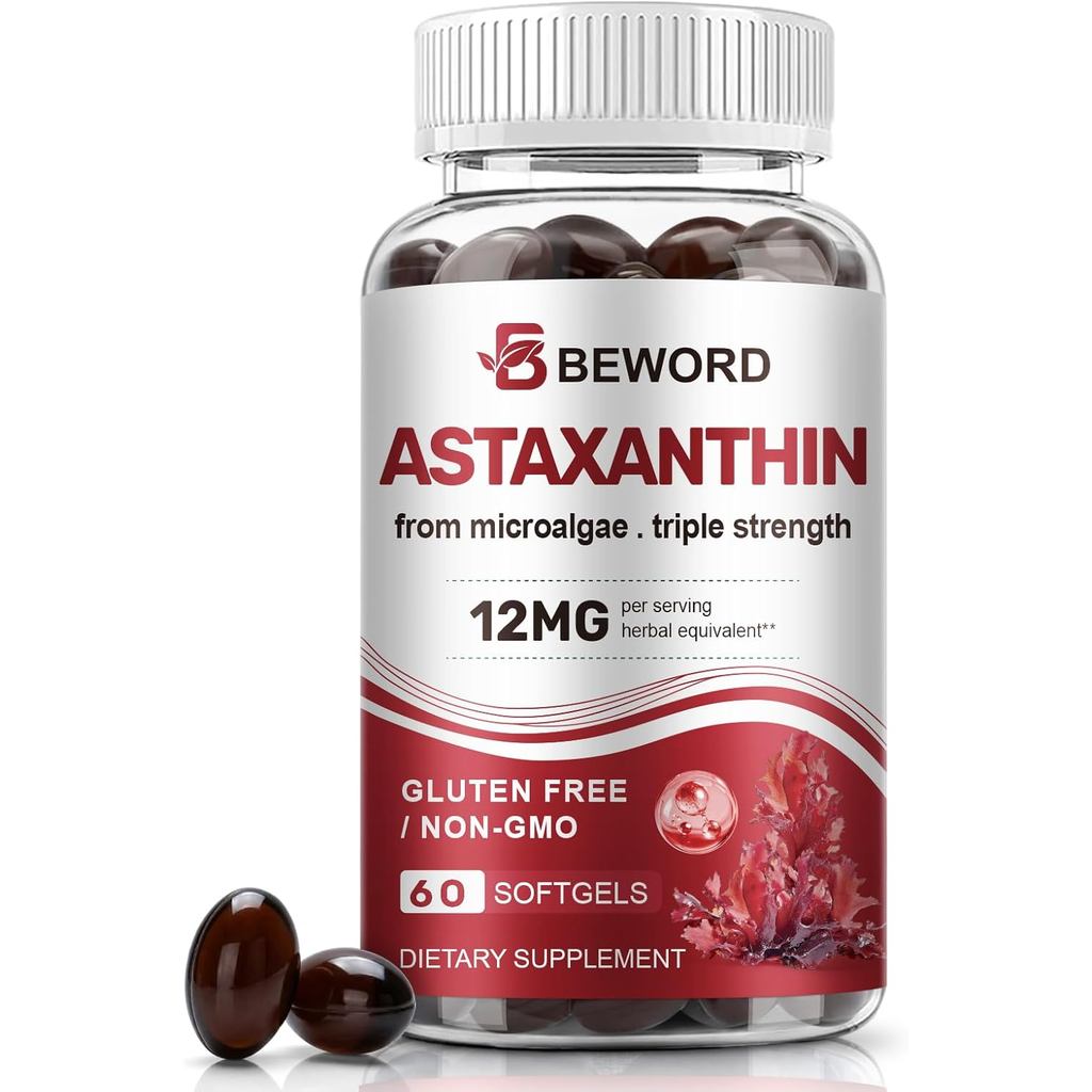 Astaxanthin 12mg ประกอบด้วยน้ํามัน MCT, แคปซูลอ่อน 60/120 2 เดือนอุปทาน | อาหารเสริมสารต้านอนุมูลอิสระคุณภาพสูง | ไมโครลาร์เกจากธรรมชาติ ทริปเปิล | รองรับสุขภาพผิวและดวงตา | ไม่ใช่พันธุกรรม กลูเตนและถั่วเหลือง