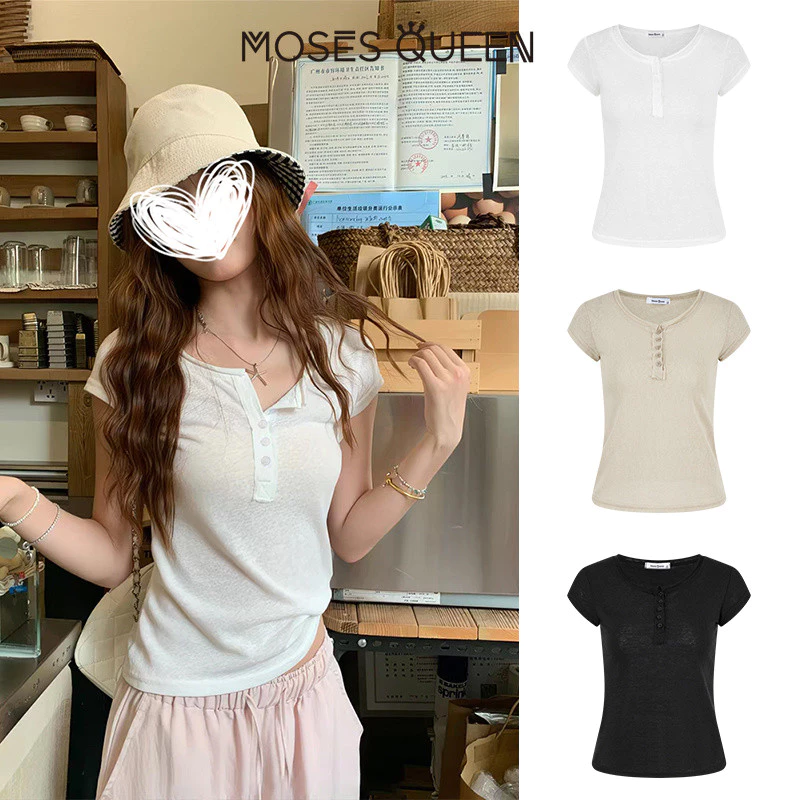 MOSESQUEEN ความเมตตา คอพับขอบหลวมกระชับสัดส่วนและเสื้อยืดแขนสั้นซีทรูเล็กน้อยสําหรับผู้หญิง-เสื้อฤดูร้อนอเนกประสงค์ #63907