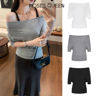MOSESQUEEN เสื้อยืดแขนสั้นคอวีทรงจีบบุนวมสําหรับผู้หญิง - ดีไซน์สมมาตรสไตล์ Eggy เหมาะสําหรับการกระชับสัดส่วน #63941