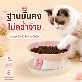 ชามอาหารแมวเซรามิก ยกสูง กันลื่น ถนอมคอแมว ลายโบว์น่ารัก ใส่น้ำได้ ล้างง่าย ชามอาหารหมา