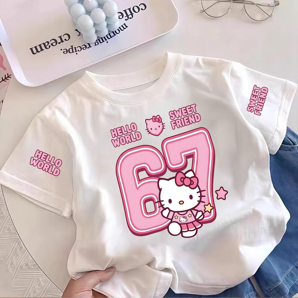 Pebbi Baby เสื้อยืดเด็กฤดูร้อนรุ่นใหม่ ลาย Hello Kitty ฮัลโลคิตตี้ ซานริโอ้ ผ้าฝ้ายแท้100% นุ่มสบาย เสื้อแขนสั้นเด็กผู้ห