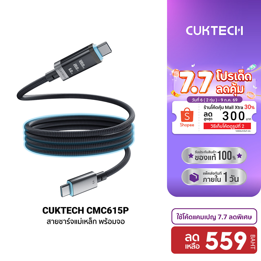 [ลดเหลือ 559] CUKTECH CMC615P 6A 240W สายชาร์จแม่เหล็ก มีจอ USB-C to USB-C รองรับชาร์จเร็ว PD3.1 มี E-Marker Chip -2Y